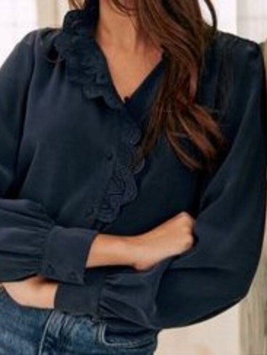 Sezane Tops - Sezane Chloe Navy Ruffle-Trim Long Sleeve Silk Blouse Size 32